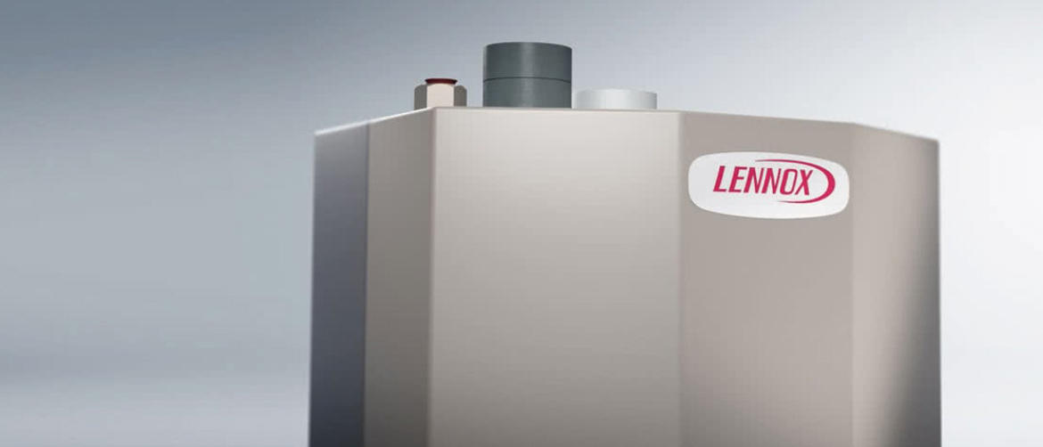 Close-up of a Lennox boiler unit with vent pipes, illustrating durability and maintenance considerations for boiler lifespan