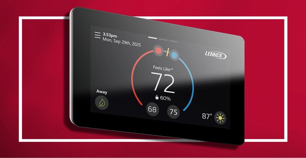 Smart Lennox thermostat displaying temperature settings and humidity levels