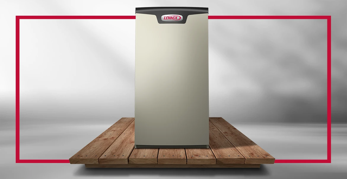 Lennox high-efficiency furnace displayed on a wooden platform