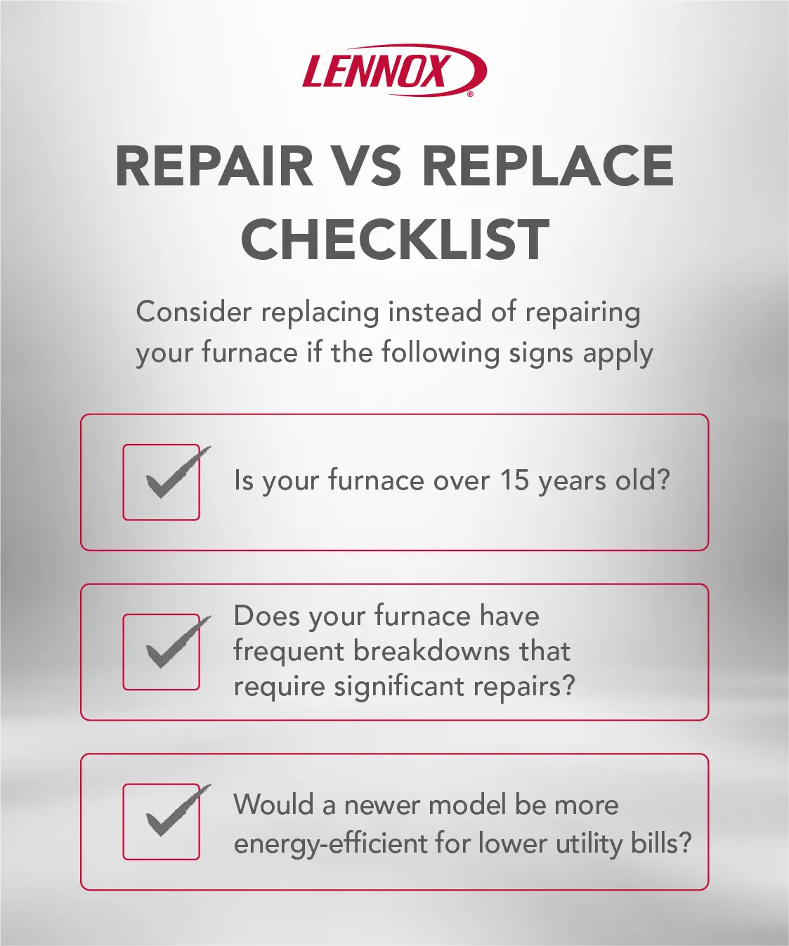 Checklist graphic from Lennox showing signs it may be time to replace a furnace.webp