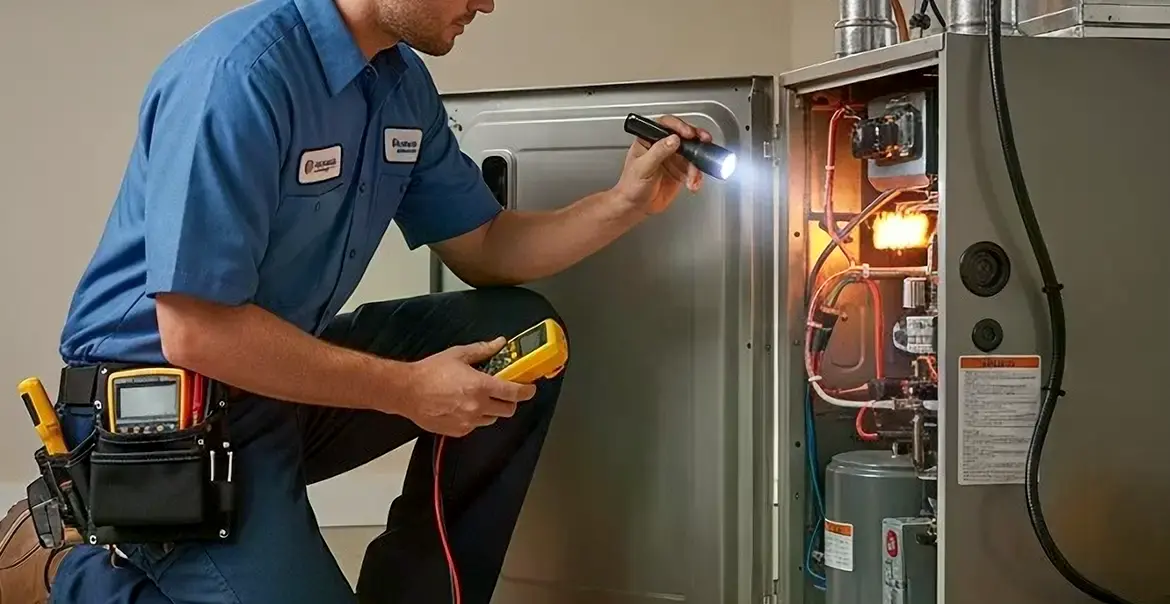A technician in a blue uniform uses a flashlight and diagnostic tools to inspect the inside of a furnace, which has its panel open and heating components visible