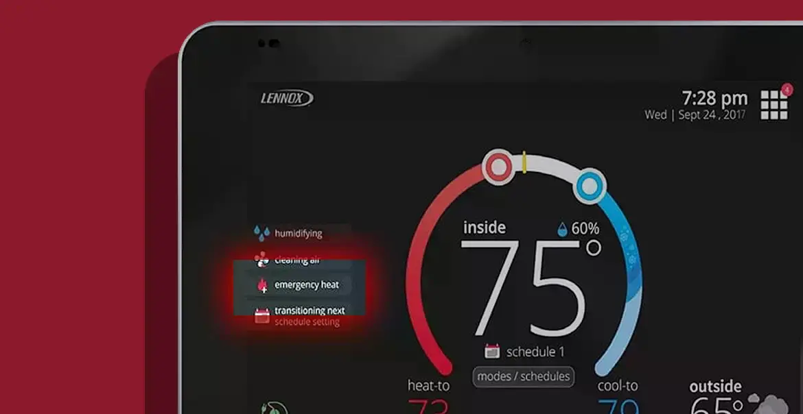 A Lennox smart thermostat screen showing 75 degrees with an emergency heat alert highlighted