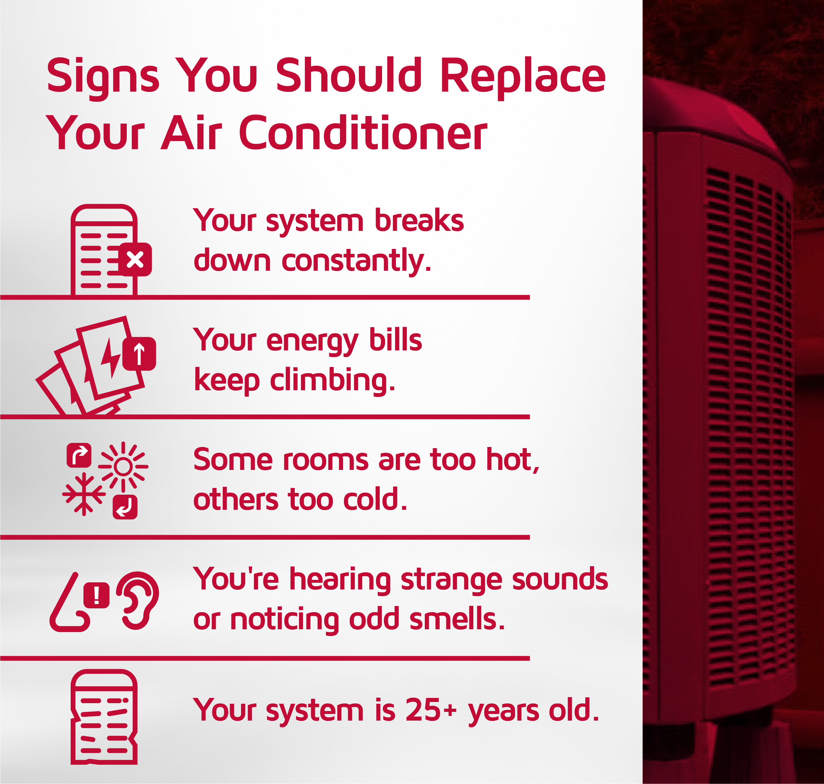 Infographic highlighting common signs that an air conditioner may need replacement