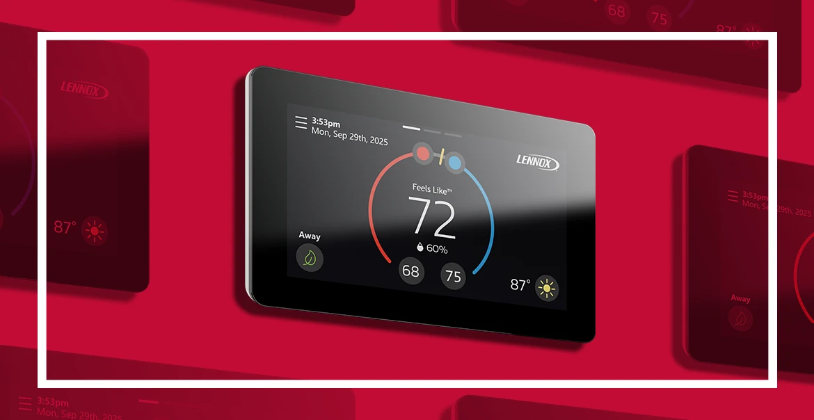 Lennox smart thermostat displaying 72°F with scheduled climate control settings.