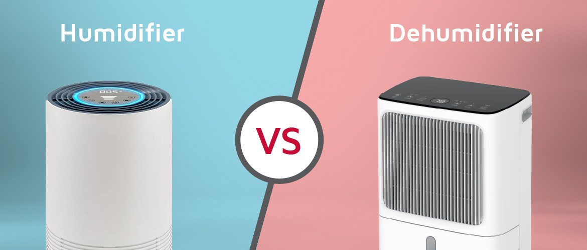 Side-by-side graphic of a humidifier and dehumidifier