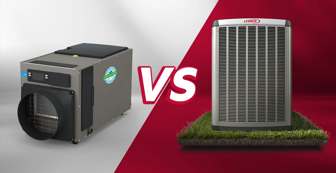 Dehumidifier vs. air conditioner comparison featuring a whole-home dehumidifier and a central air conditioning unit side by side.
