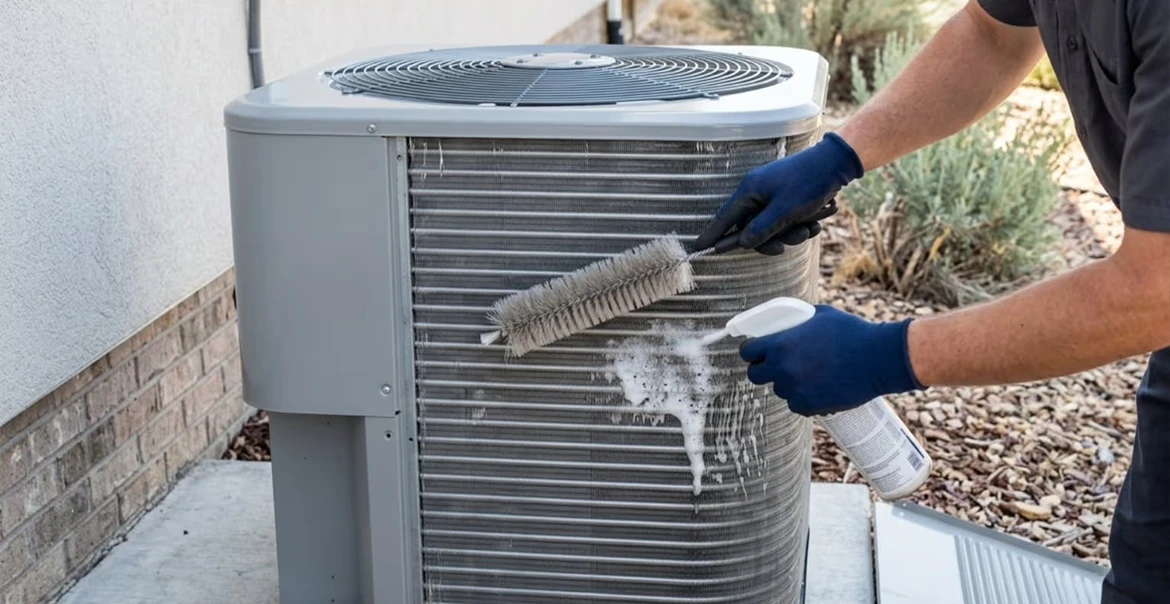 Technician cleaning outdoor air conditioner fins with a brush and coil cleaner spray on a residential AC unit.